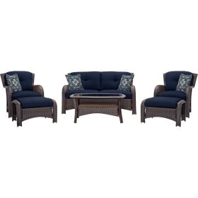 Outdoor 6-Piece Resin Wicker Patio Furniture Lounge Set with Navy Blue Cushions