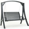 Outdoor Wooden Hanging Porch Swing with Stand in Grey Wood Finish